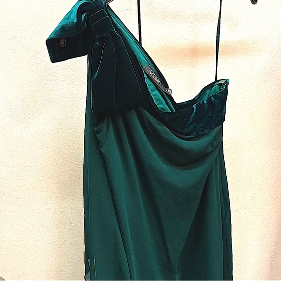 RALPH LAUREN Womens Chiffon One-Shoulder Cocktail Dress Green Chiffon Velvet NWT - Picture 9 of 10